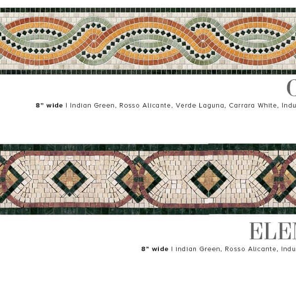 ELEMENTI & CORDA. Product design image. Custom handcrafted marble mosaic tile border designs. Handmade hand-chopped marble tesserae. Tumbled and polish finish.