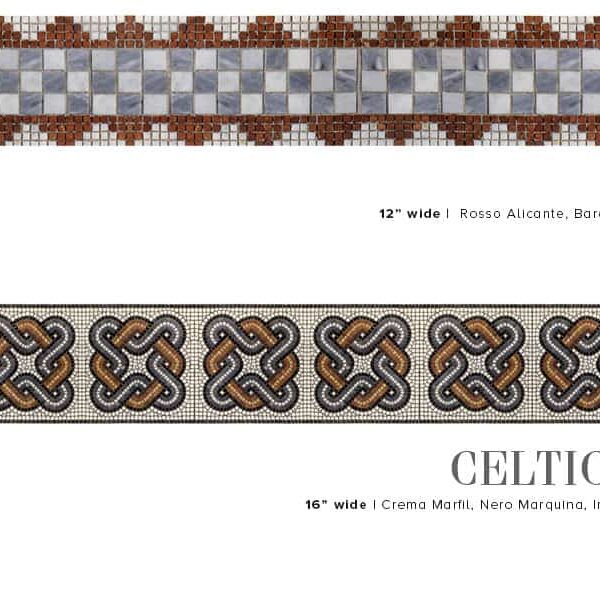 DAMA and CELTIC KNOT. Product design image. Custom handcrafted marble mosaic tile border designs. Handmade hand-chopped marble tesserae. Tumbled and polish finish.