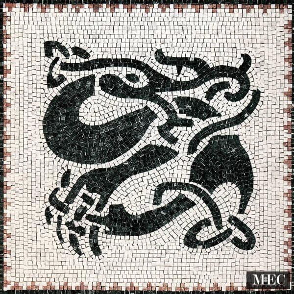 Custom Mosaics by MEC | Marble mosaic motif made with hand chopped marble reminiscent of cave drawings.