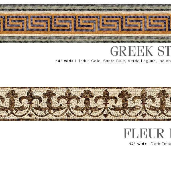 GREEK STENCIL AND FLEUR DE LIS. Product design image. Custom handcrafted marble mosaic tile border designs. Handmade hand-chopped marble tesserae. Tumbled and polish finish.