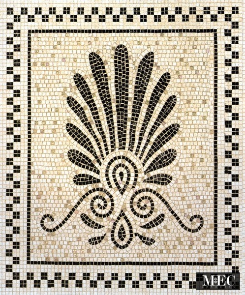 Custom Mosaics by MEC | Eubea features scrolls, leaves and a checkered marble border.