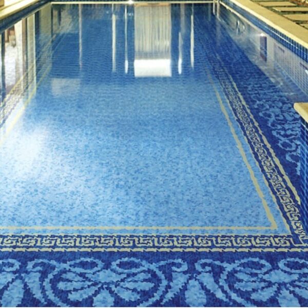 Pools mosaics by MEC | Sophisticated yellow and blue Greek square and floral border Glass Pool Mosaics.