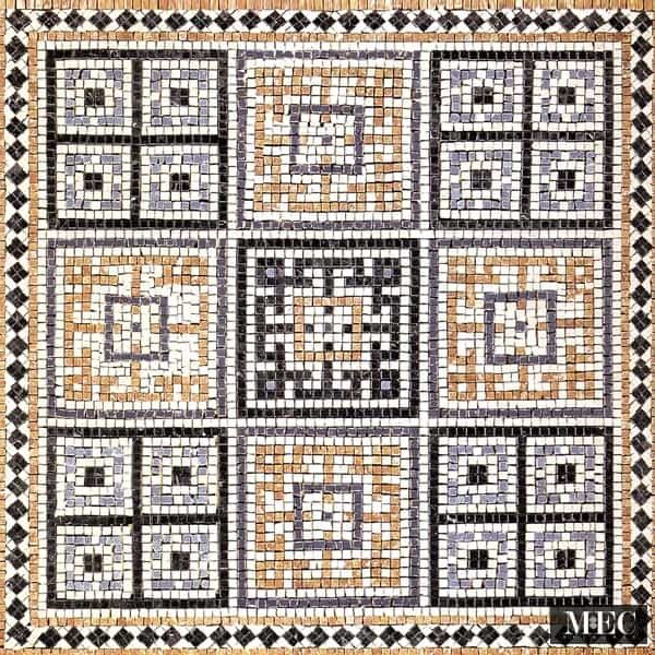 Custom Mosaics by MEC | Geometric square area rug crafted with hand chopped marble mosaic tiles with bold Nero Marquina black lines add a modern pop of color!