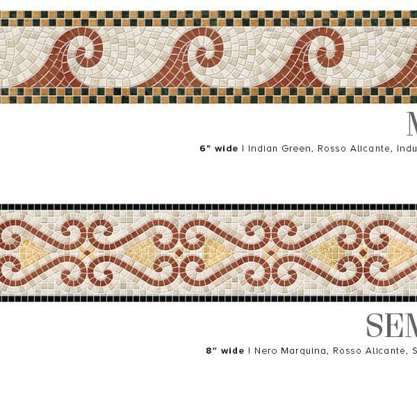 MAREE and SEMPLICI. Product design image. Custom handcrafted marble mosaic tile border designs. Handmade hand-chopped marble tesserae. Tumbled and polish finish.