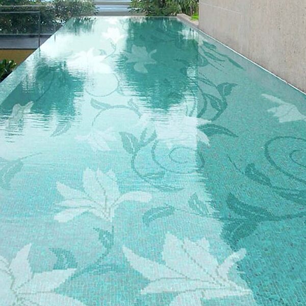 Custom Pools by MEC | Flower and vine scroll glass mosaic tile art.