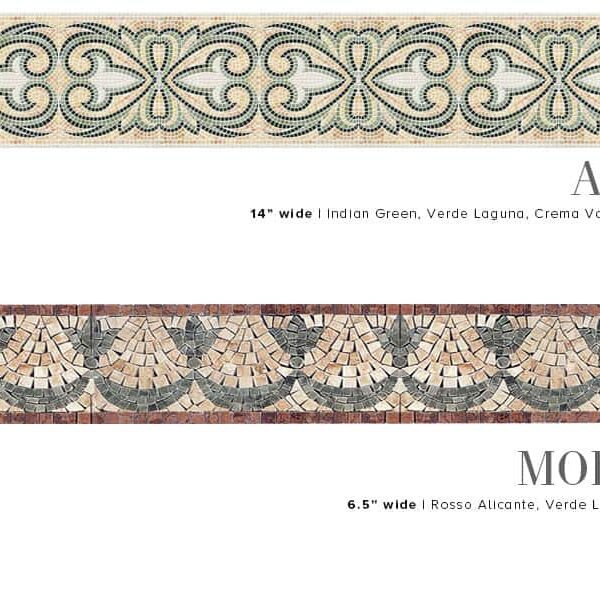 ARYLSS and MODELLO. Product design image. Custom handcrafted marble mosaic tile border designs. Handmade hand-chopped marble tesserae. Tumbled and polish finish.