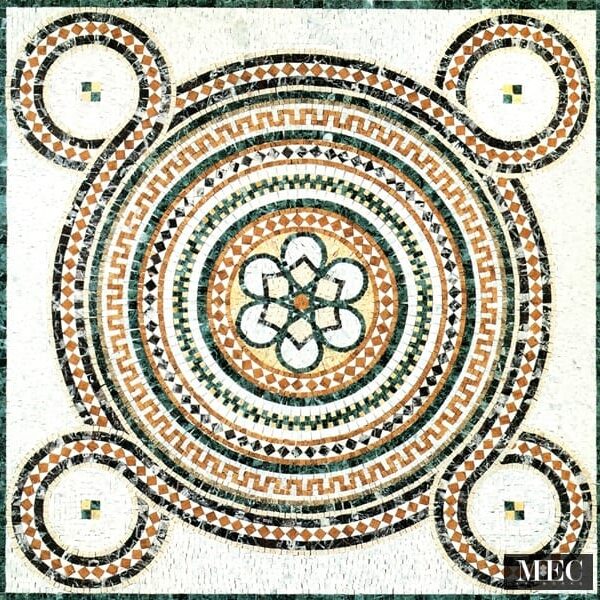 Custom Mosaics by MEC | Hand chopped tile mosaic features Celtic Knots in wonderful natural marble stone shades.