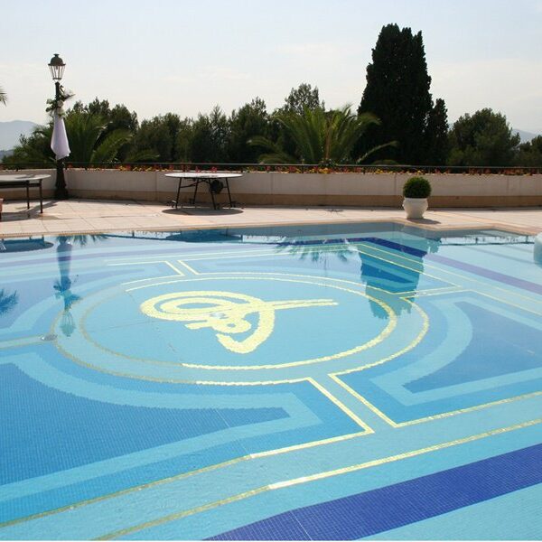 hmidas pool handmade mosaic featuring actual 24K gold glass tiles calligraphy