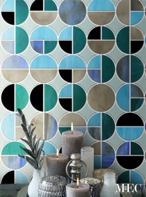 Fraktion. Product image showing Jade Glass waterjet cut tiles from Lavande collection. Custom geometric circles tile design from MEC.