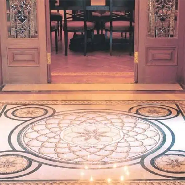 Custom Mosaics by MEC | Marble mosaic rug featuring an infinity loop with floral centres and a marvellous border pattern.