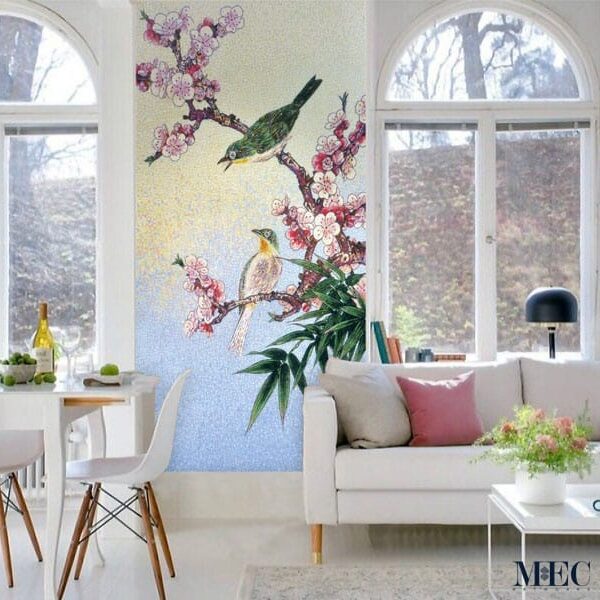 Custom Mosaics MEC featuring two mosaic birds on a tree.