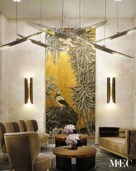 Custom Mosaics MEC | Wall ornament with birds and tree branches featuring 24K gold leaf glass tiles.