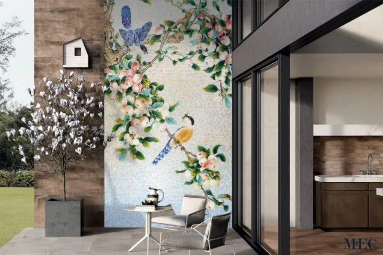 birds mosaic wall art by MEC showcasing two birds and fruit tree branches