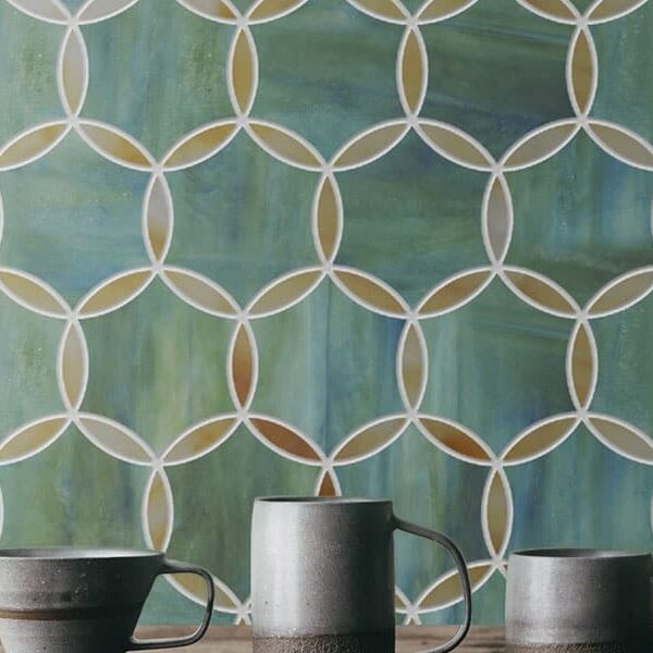 VENN IN ROME. Product image showing Jade Glass waterjet cut tiles from Lavande collection. Custom intersecting overlap circle tile design from MEC.