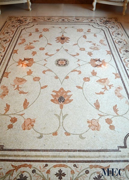 Custom Mosaics by MEC | Marble mosaic rectangular rug with elegant browns on a soothing cream background.