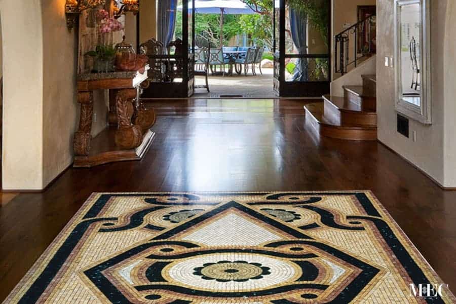 Custom Mosaics by MEC | Marble mosaic rug in tones of browns & beige marble stone indoor.