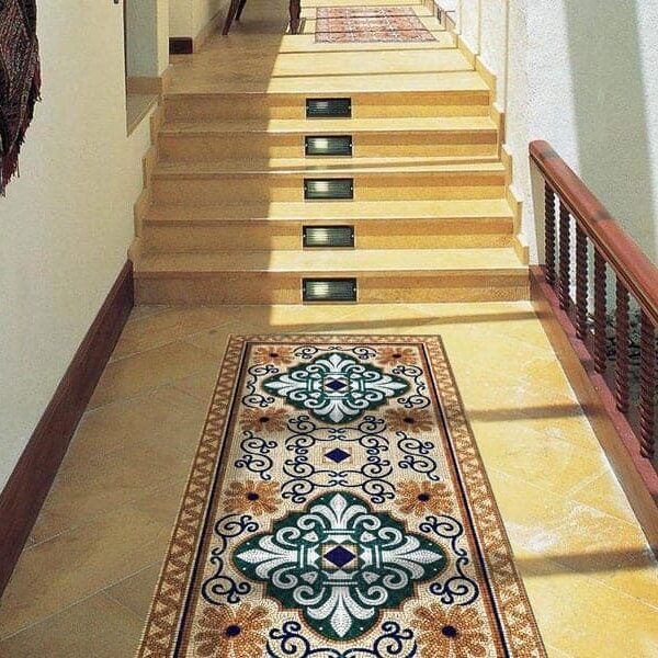 Custom Mosaics by MEC | Marble mosaic rug surrounded by simple flowers, scrolls and a serene Crema Marfil background.