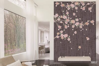 Glass tile mural featuring a Sakura cherry blossom tree in calming and soft color theme. The is just a elegant floral part only covers a part of the mural, leaving the rest of the canvas for a grey simple abstract background and falling petals.