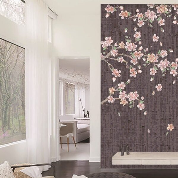 Glass tile mural featuring a Sakura cherry blossom tree in calming and soft color theme. The is just a elegant floral part only covers a part of the mural, leaving the rest of the canvas for a grey simple abstract background and falling petals.