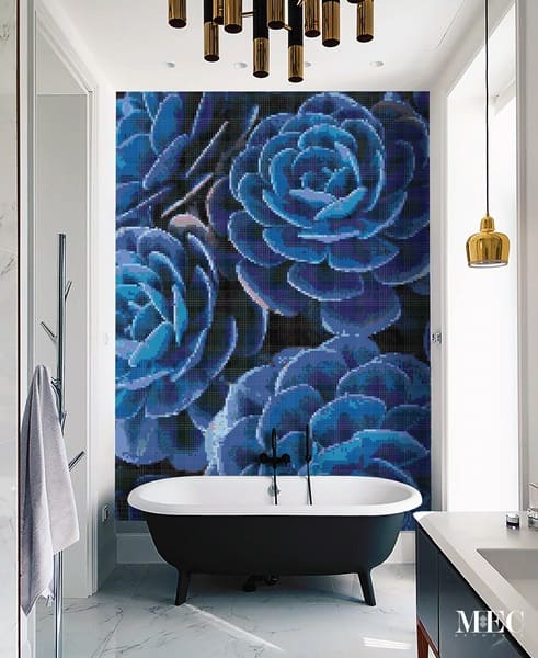 Blue flowers glass mosaic mural by MEC.