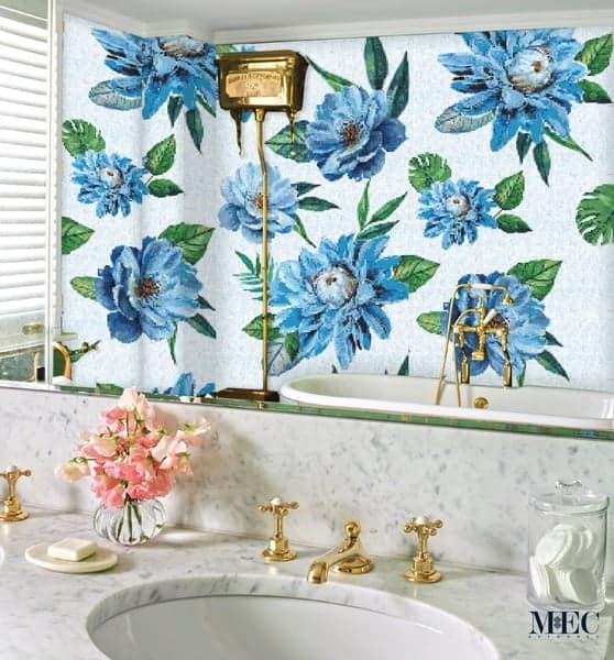 Blue flowers mural made with glass mosaic tiles by MEC.