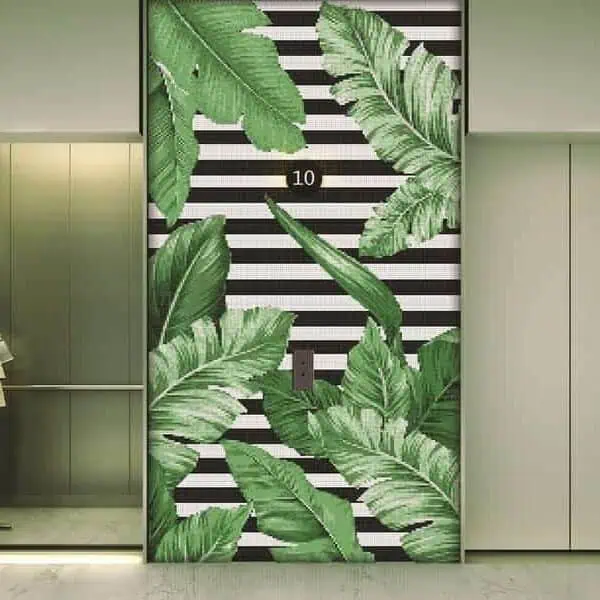 Custom Mosaics MEC | Glass mosaic mural featuring tropical leaves