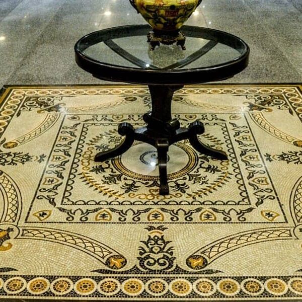 Custom Mosaics by MEC | Beautiful unique marble mosaic floor motif features rich European elements