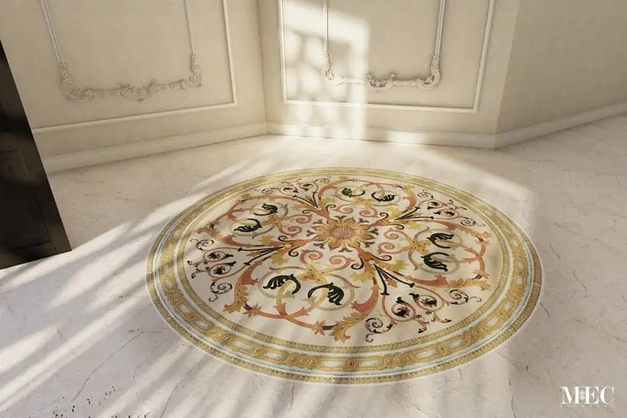 Tavas Lacuna Baroque style-handcrafted-marble mosaic rug medallion design by MEC 3D render