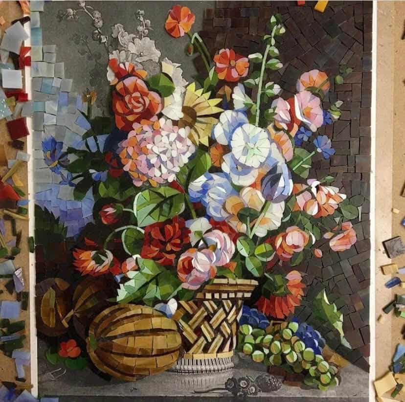 fruit and floral custom mosaic backsplash 