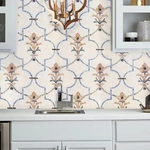 Decorative handcrafted mosaic tile backsplash art featuring European motifs and trellis