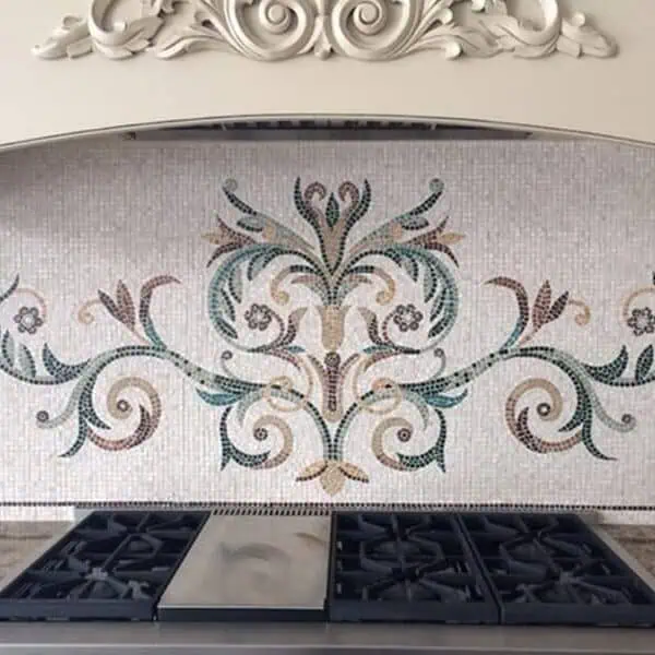 scroll custom handcrafted glass mosaic backsplash mec