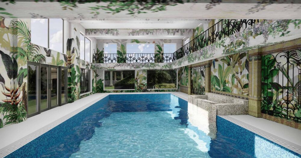 forest mosaic wall cladding with custom blue pool mosaics