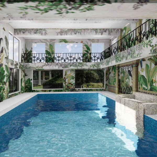 forest mosaic wall cladding with custom blue pool mosaics