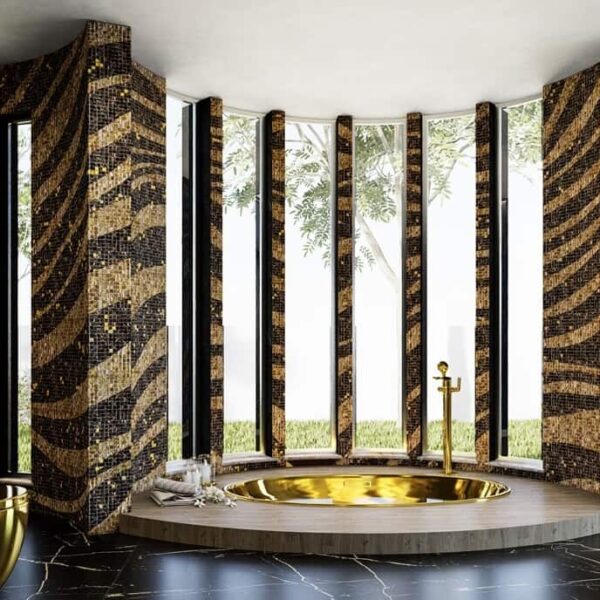 black and gold bathroom curving wall glass mosaic tiles