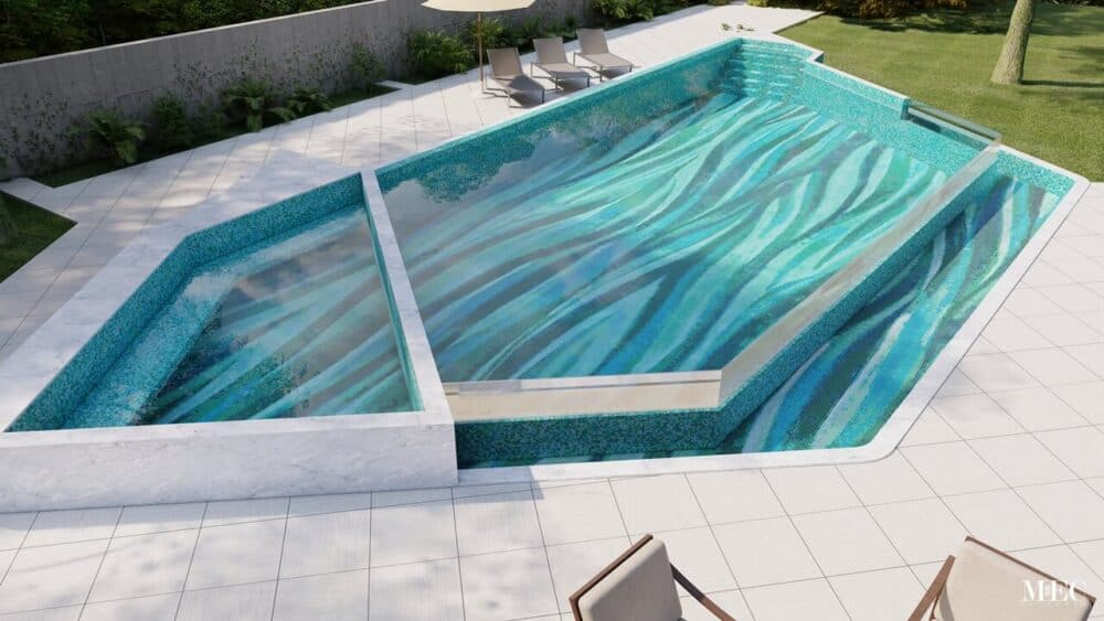 A unique pool mosaic design of fujiwa waves with trapezoid shaped swimming pool