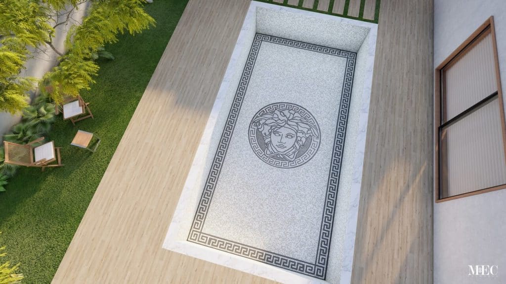 glass mosaic swimming pool tiles black and white versace medusa greek key design