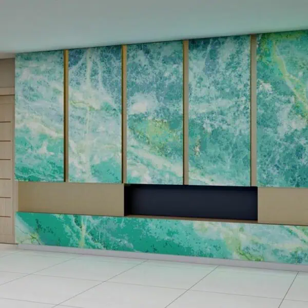 green aqua abstract glass mosaic PIXL fireplace wall panels