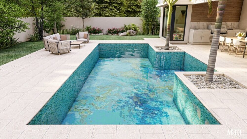 MEC's Fosa abstract glass mosaic tile pool design Elysian