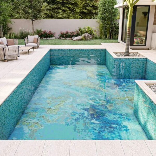 MEC's Fosa abstract glass mosaic tile pool design Elysian