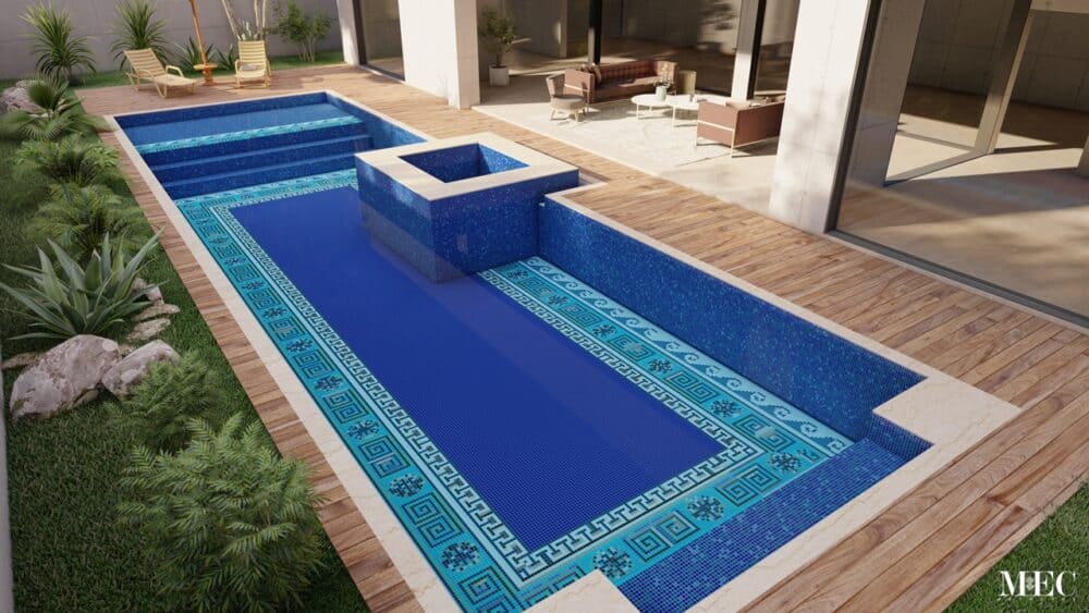 Greek key meander mosaic tile design with borders at the floor of glass swimming pool