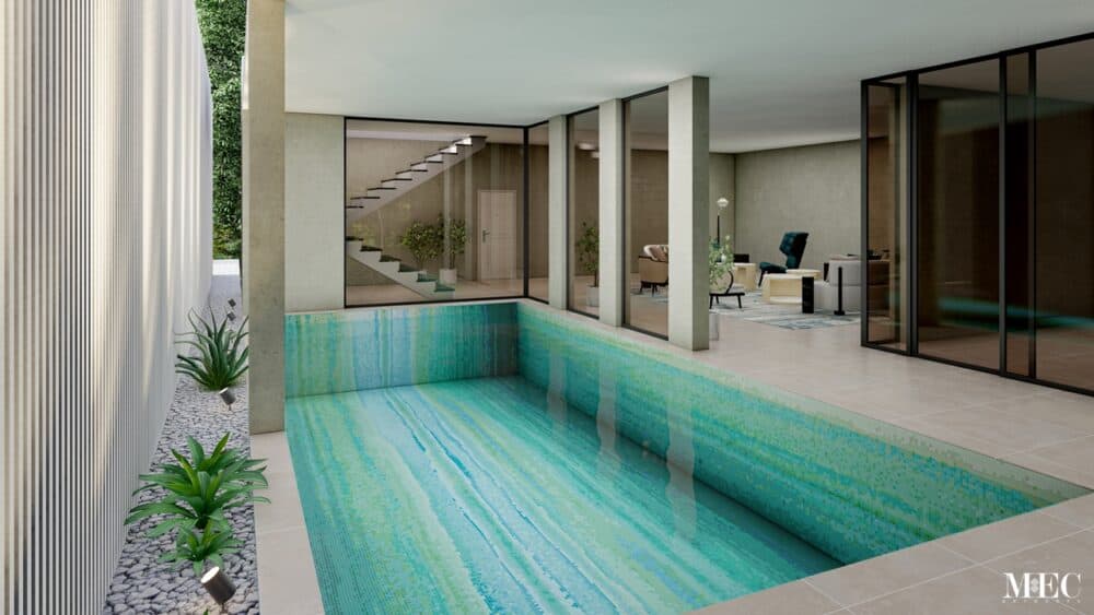 This image is showing an abstract art green, aqua and blue palette PIXL glass customized mosaic swimming pool tiles