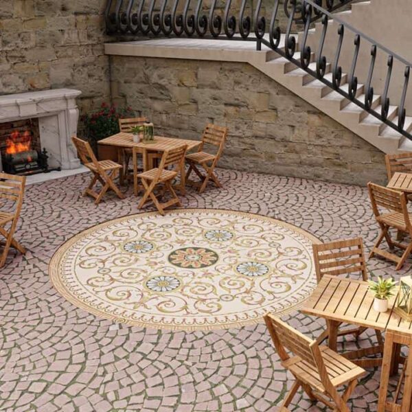 blaise custom colorway marble mosaic medallion floor cobblestone courtyard render