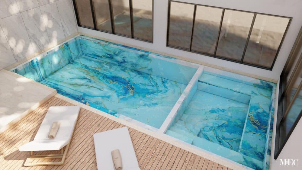 aqua and gold marble effect swimming pool glass mosaic PIXL art