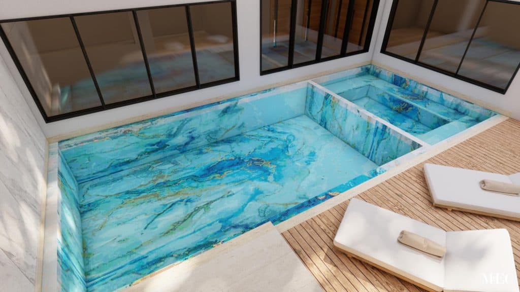 aqua and gold marble effect swimming pool glass mosaic PIXL art