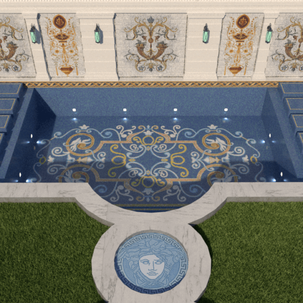 Classical European ornamental pool mosaic landscape render with Versace pool medallions