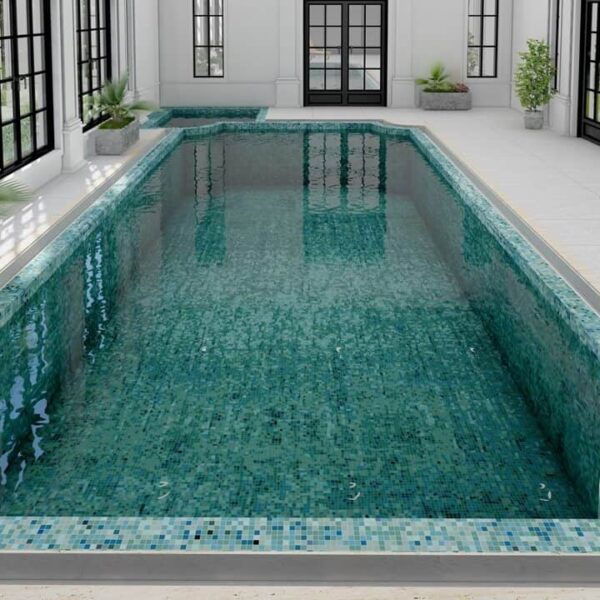 A unique look with Distressed Teal Glass Mosaic Pool image (1)