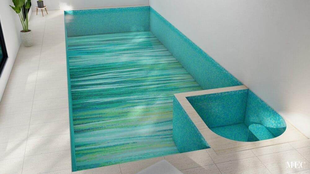 custom rainforest teal PIXL Prism glass mosaic pool