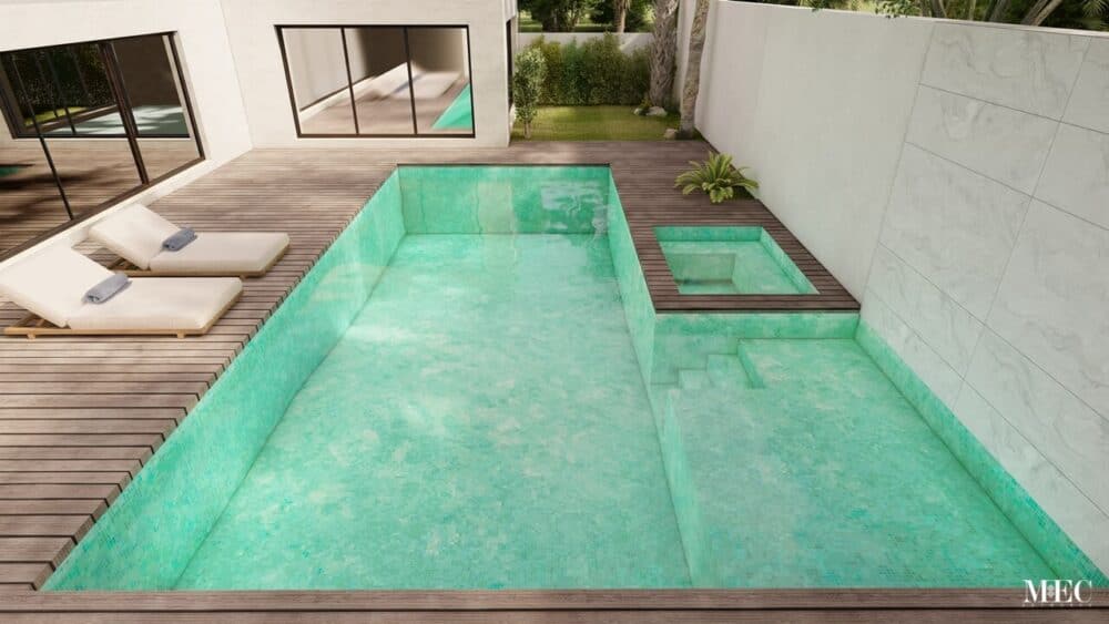 mint green glass mosaic tile swimming pool render MEC