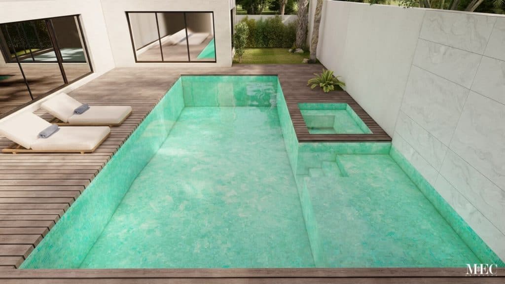 mint green glass mosaic tile swimming pool render MEC