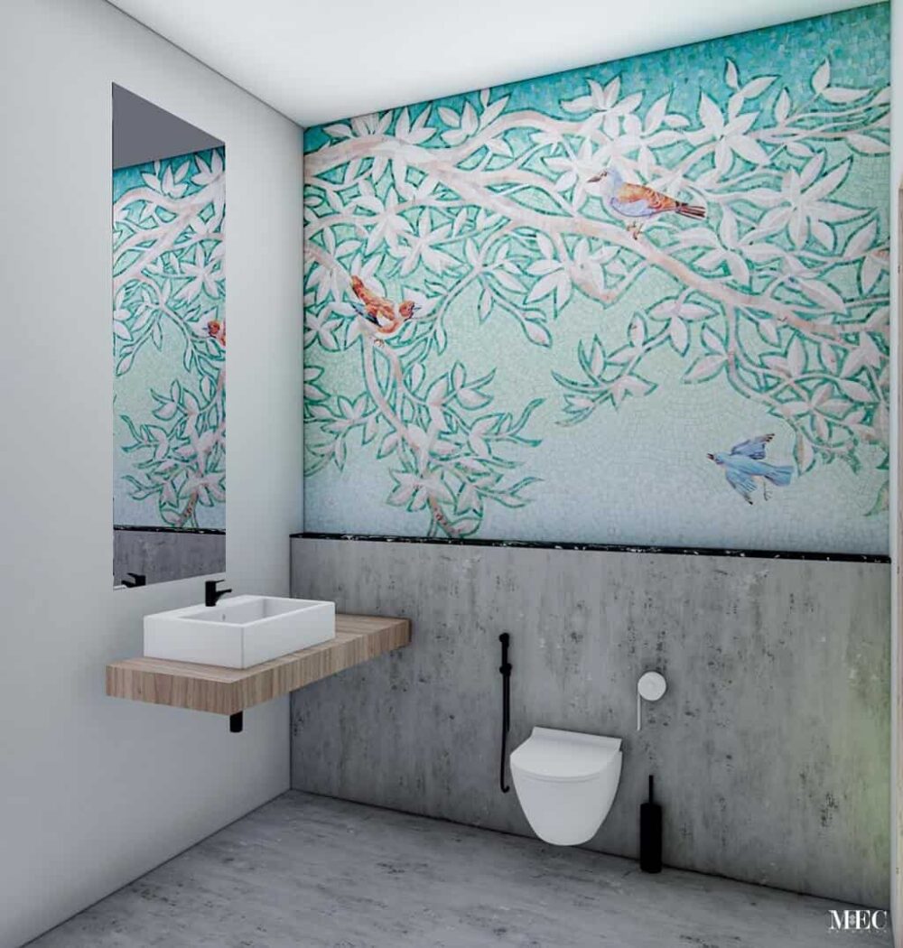 birds vibrant aqua glass mosaic bathroom wall